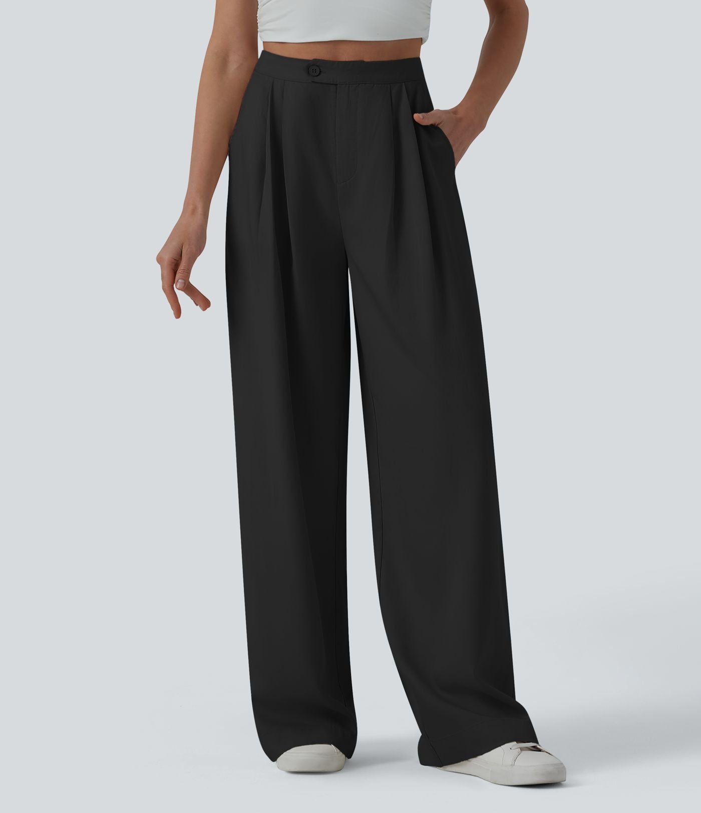 Pantalon large fluide casual taille haute plissé drapé en lin avec poches