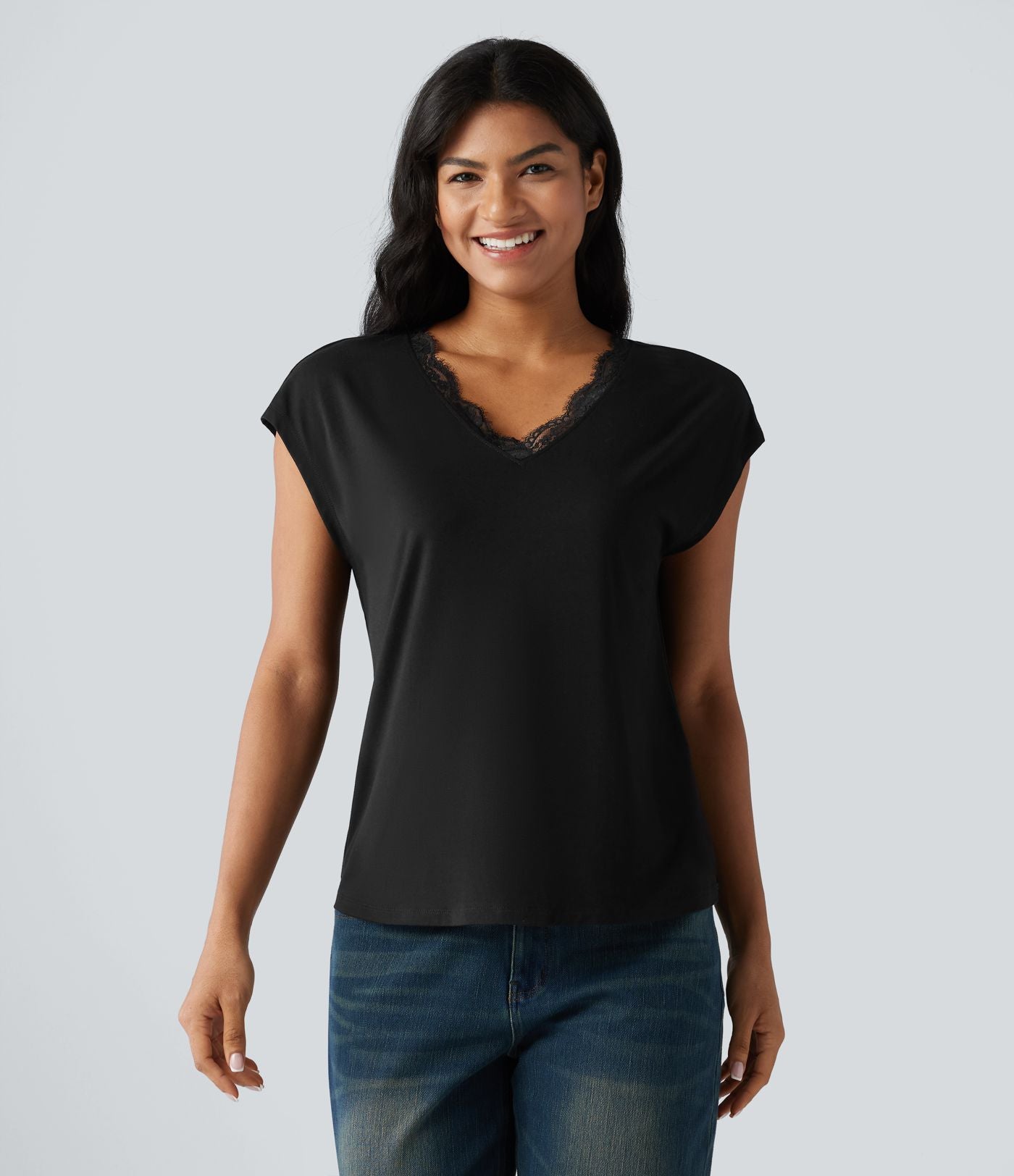 T-shirt décontracté en dentelle col V manches courtes