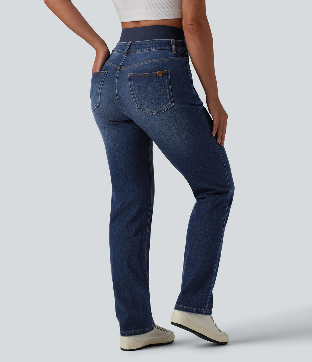 Jean ajusté décontracté Halara Flex™ double ceinture gainant taille haute avec poches