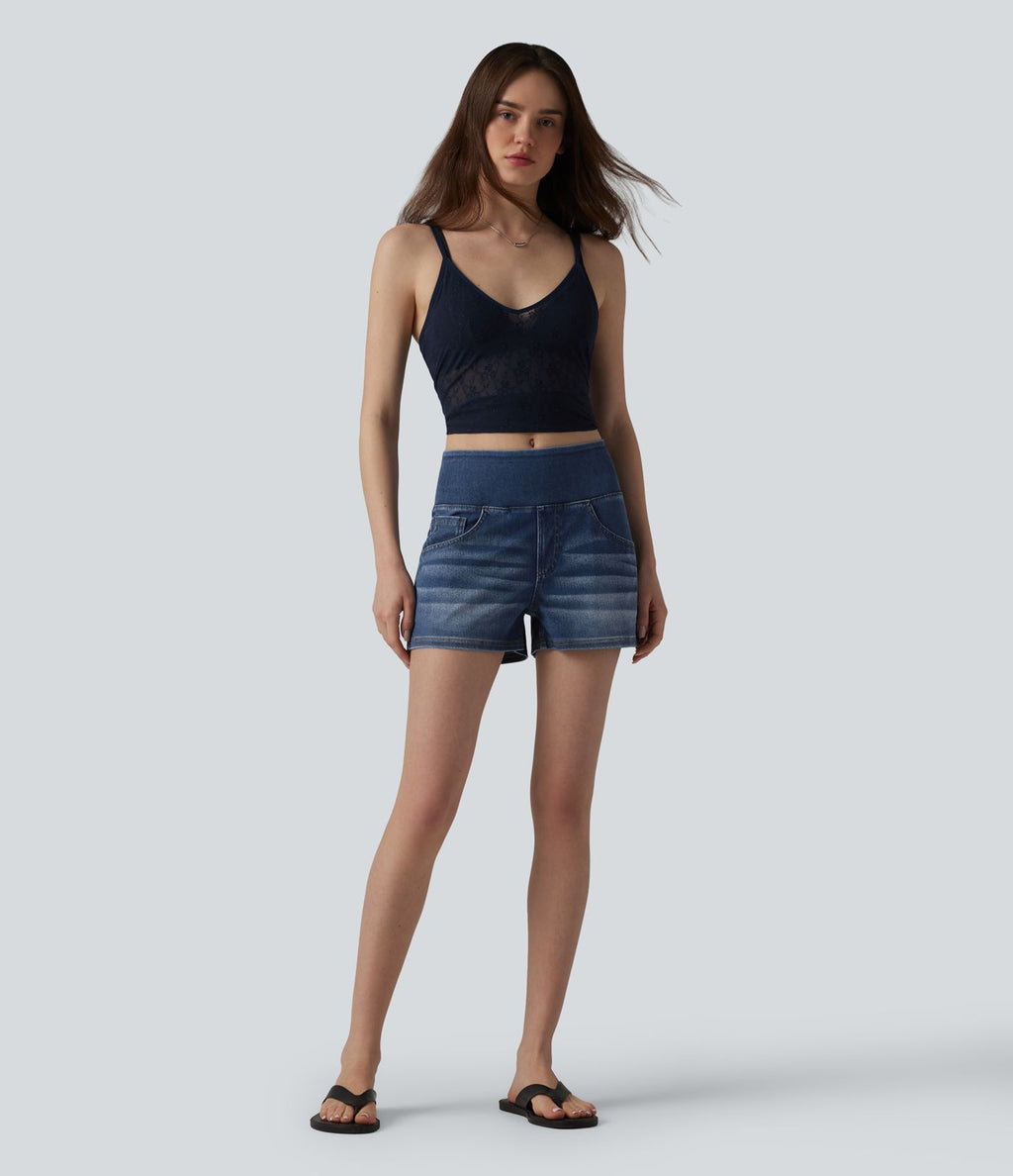 Halara Flex™ Short décontracté en denim lyocell délavé taille mi-haute drapé 9 cm avec poches