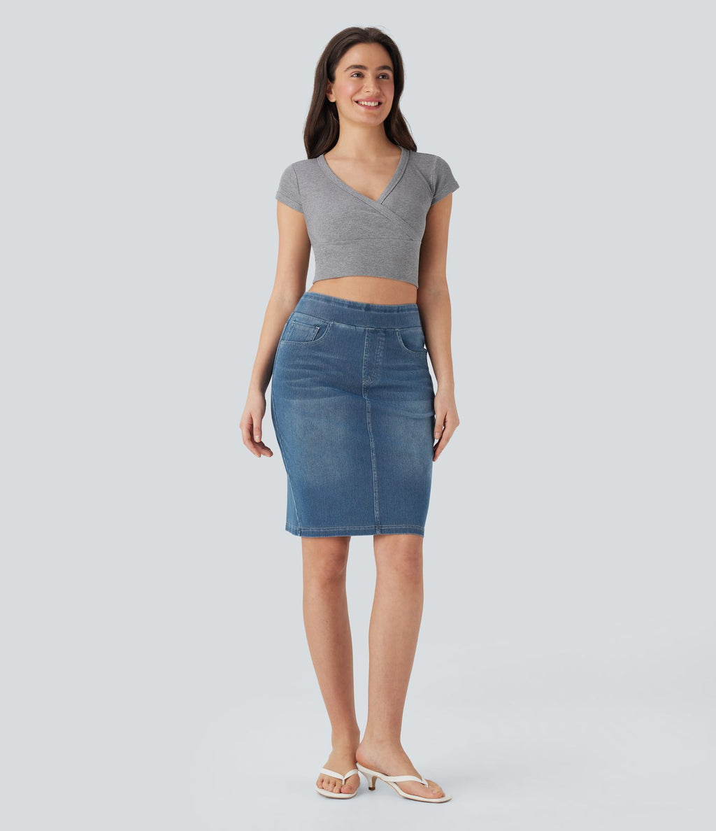 Halara Flex™ Jupe en Jean décontractée stretch délavé à taille haute, multiples poches et fente latérale