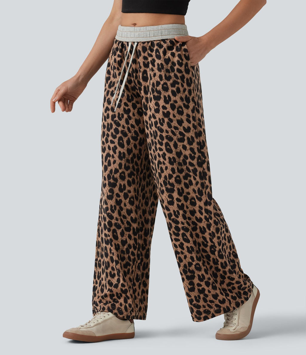 Pantalon ample taille haute rabattable en tissu gaufré imprimé léopard avec cordon de serrage et poches