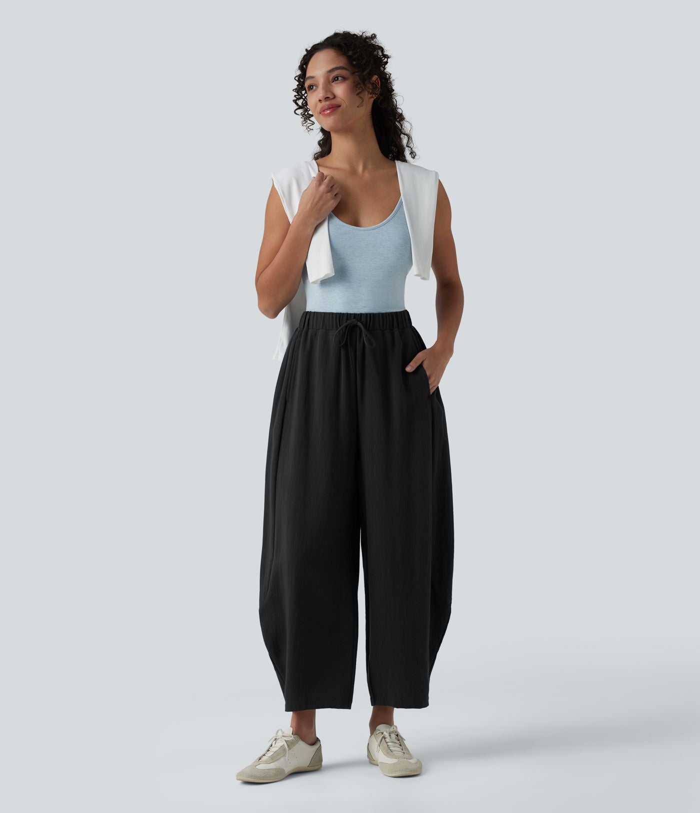 Pantalon décontracté effet lin jambes ballon taille haute avec cordon de serrage et poches