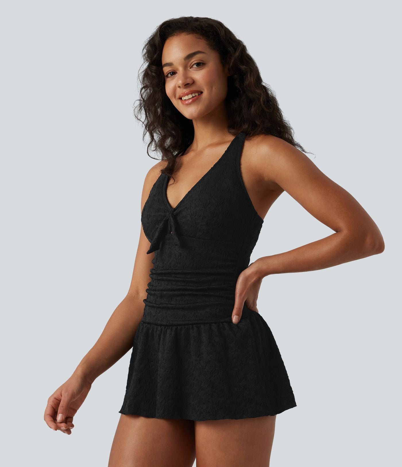 Maillot de bain une pièce 2-en-1 col V en jacquard avec nœud frontal, bretelles réglables, effet push-up, ventre plat et fronces