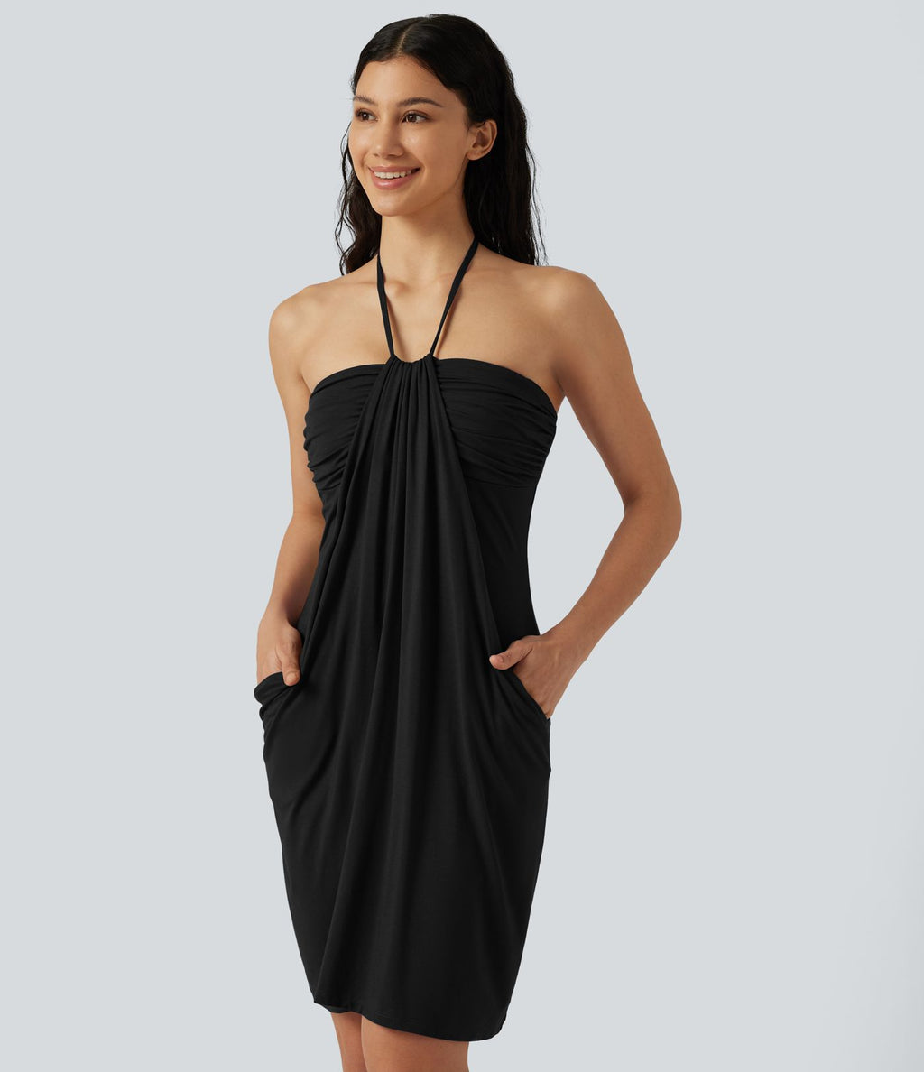 Robe mini de plage à col halter avec brassière intégrée, lien noué au dos et poches