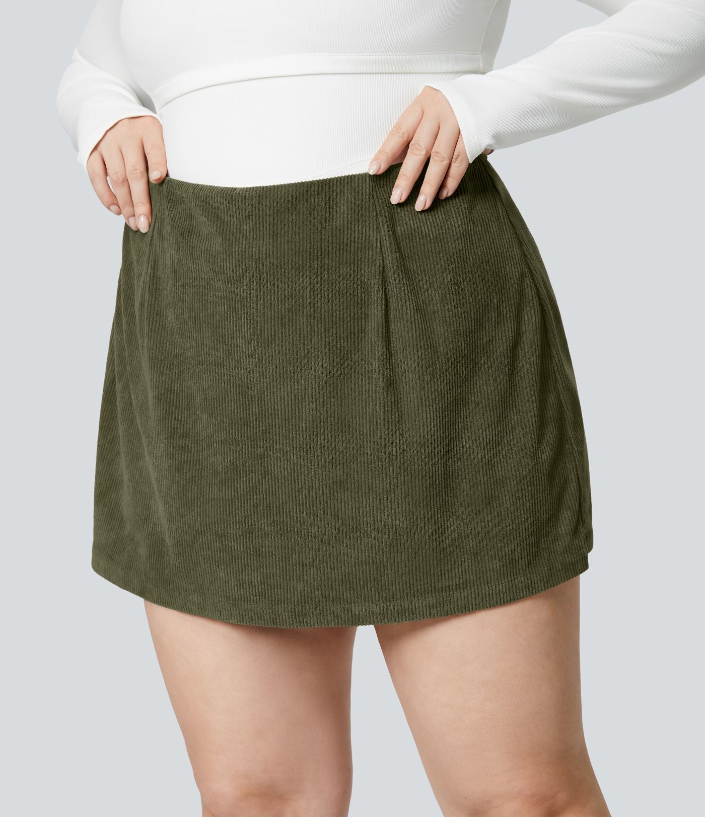 Jupe Casual Grande Taille en Velours Côtelé Mini à Taille Haute avec Fermeture Éclair Invisible 2 en 1