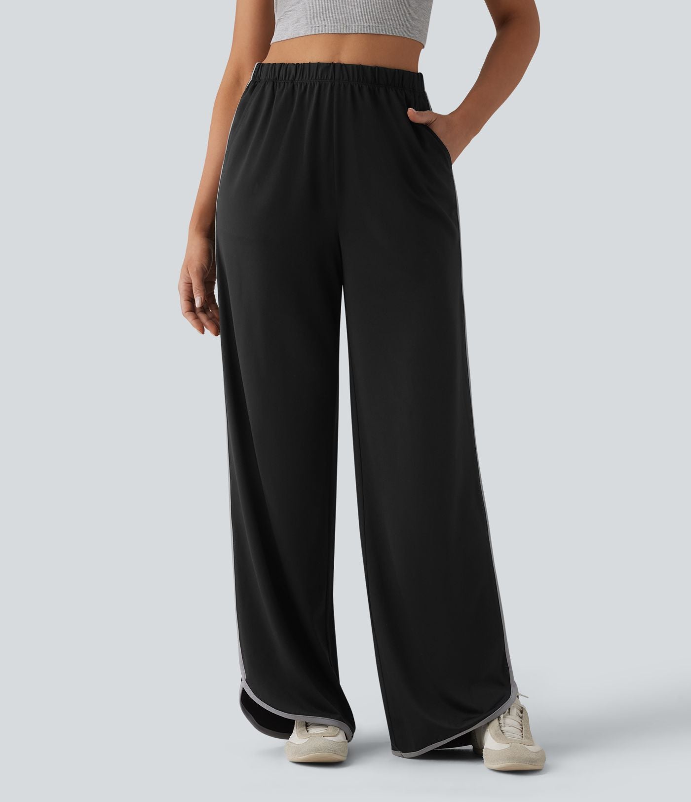 Pantalon large casual color block taille haute à ourlet arrondi avec poches