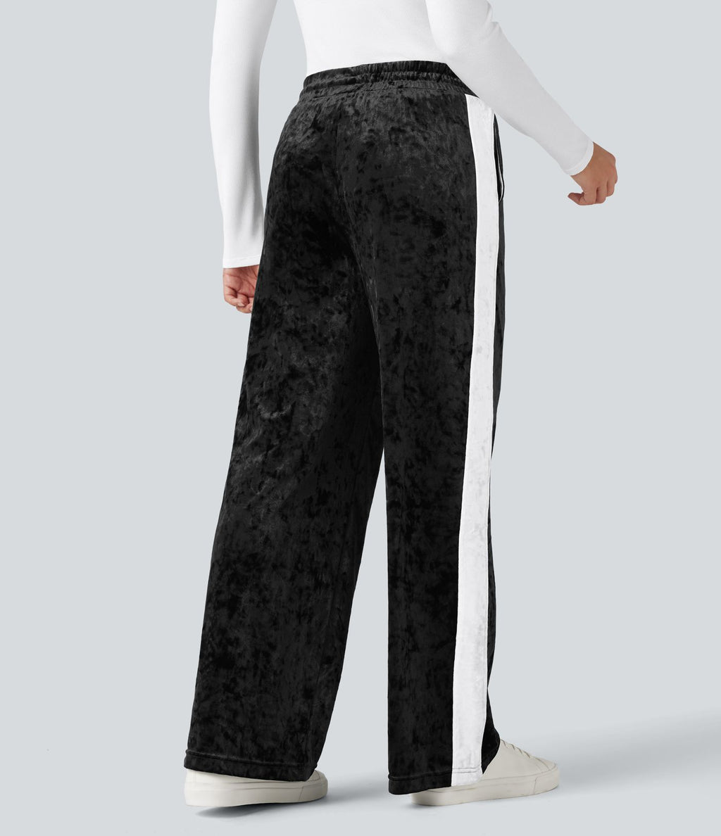Pantalon velours coupe droite color block taille mi-haute avec cordon de serrage et poches