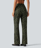 Pantalon large décontracté taille haute croisé imprimé léopard en tissu gaufré avec poches