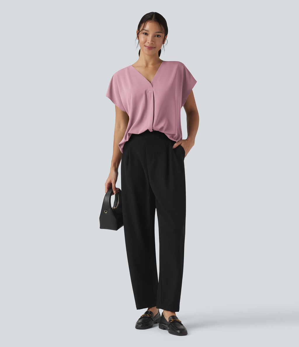 Blouse esprit bureau oversize défroissage facile, col V et manches courtes