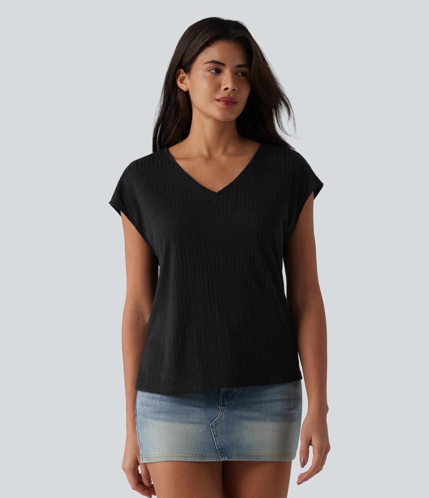T-shirt casual jacquard col V à manches courtes