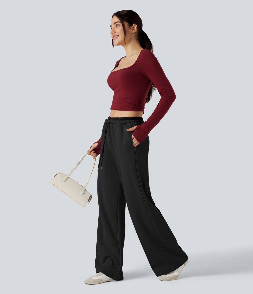 Pantalon jogging polaire jambes larges taille mi-haute avec cordon de serrage et poches
