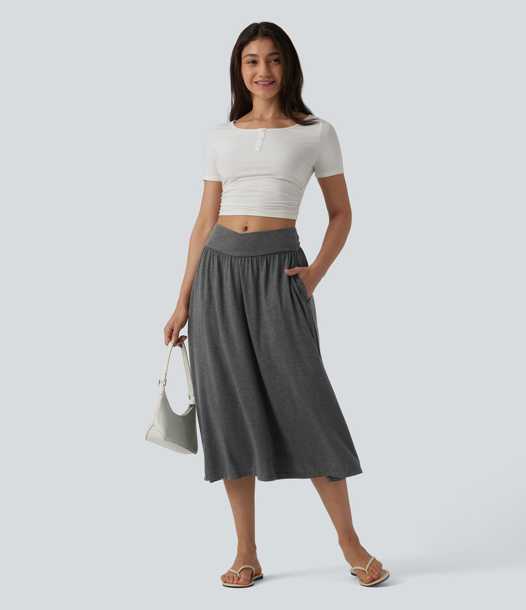 Jupe midi casual fluide croisée taille haute avec poches