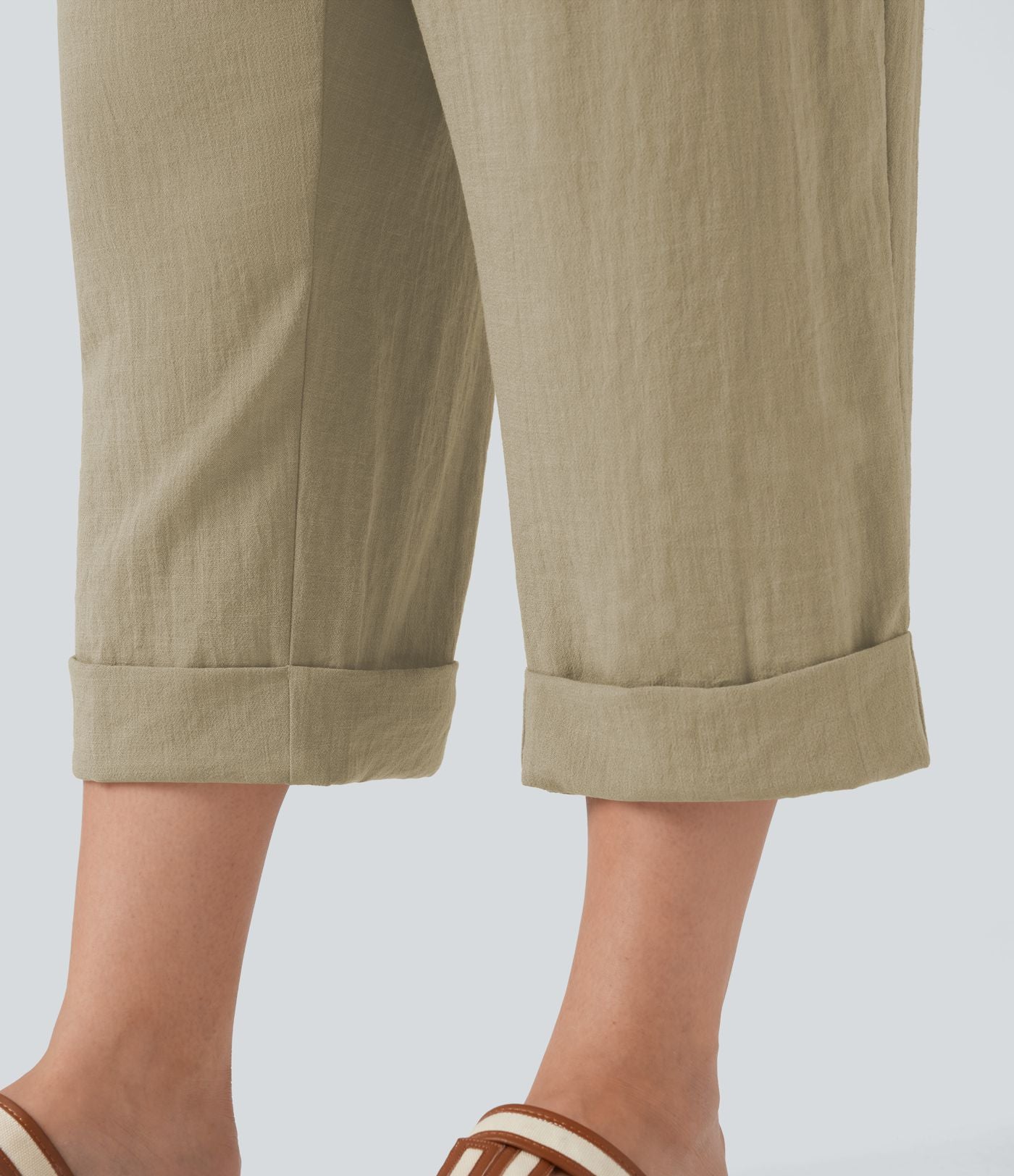 Pantalon de villégiature capri effet lin, grande taille, taille haute, avec poches