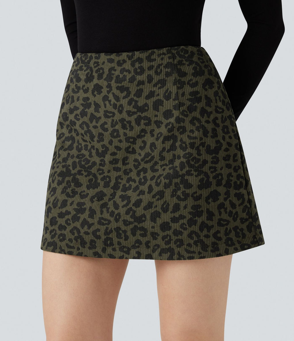 Jupe mini évasée 2-en-1 velours côtelé imprimée léopard taille haute