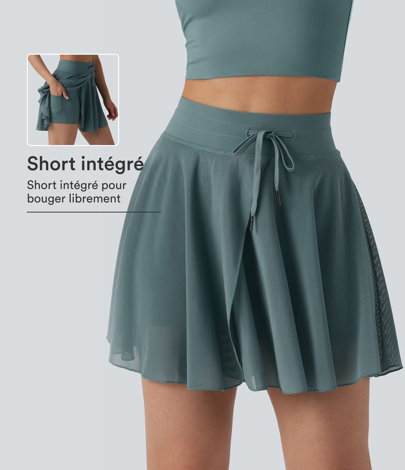 Jupe mini fluide évasée 2-en-1 taille haute à cordon, empiècements en mesh contrastant, avec poche, version plus longue