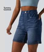 Halara Flex™ Short casual en jean skinny gainant taille haute à ourlet retroussé avec poches