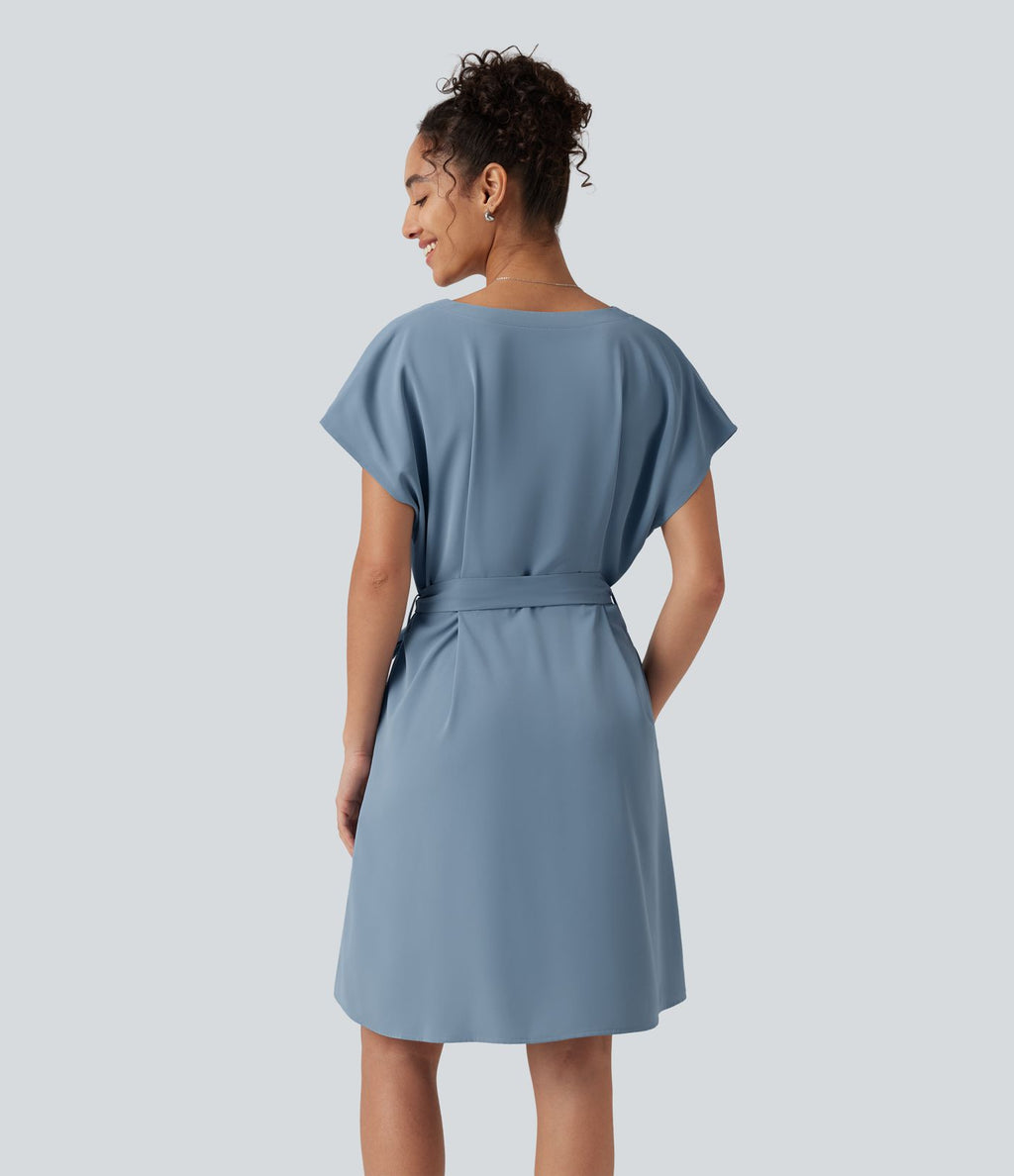 Robe mini esprit bureau défroissage facile, col V, ceinture, manches chauve-souris et poches