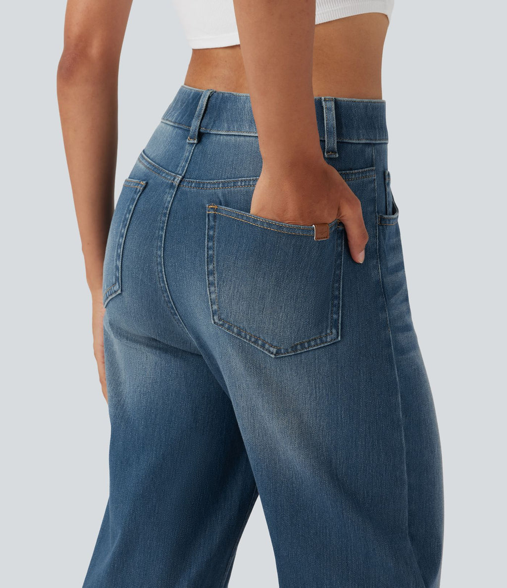 Halara Flex™ Jean casual délavé jambe droite taille haute gainant avec poches