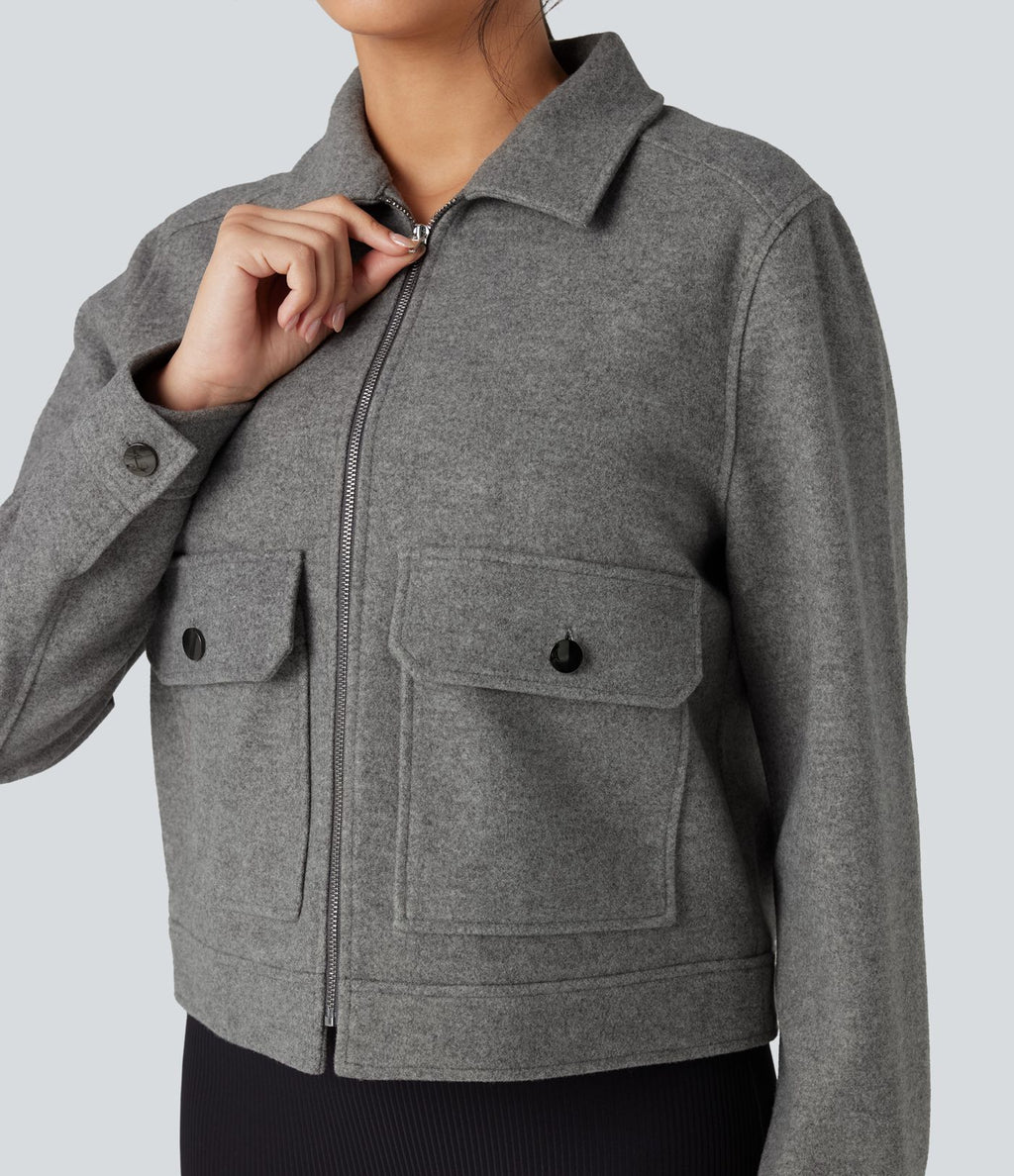 Veste polaire col chemise fermeture éclair manches longues avec poches