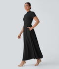 Robe longue décontractée à col montant, manches courtes et poches latérales