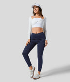 Halara Flex™ Leggings 7/8 Casual en Denim Tricot Extensible Taille Haute avec Dos en Forme de V et Poches Latérales