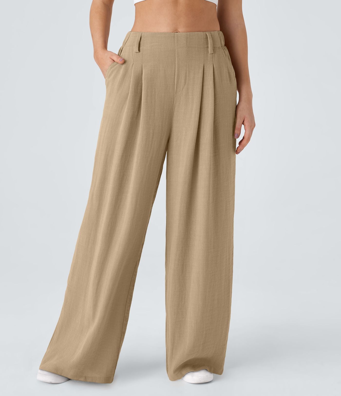 Pantalon Fluide Large Taille Haute Poches Latérales Palazzo Solide Casual Linen-Feel