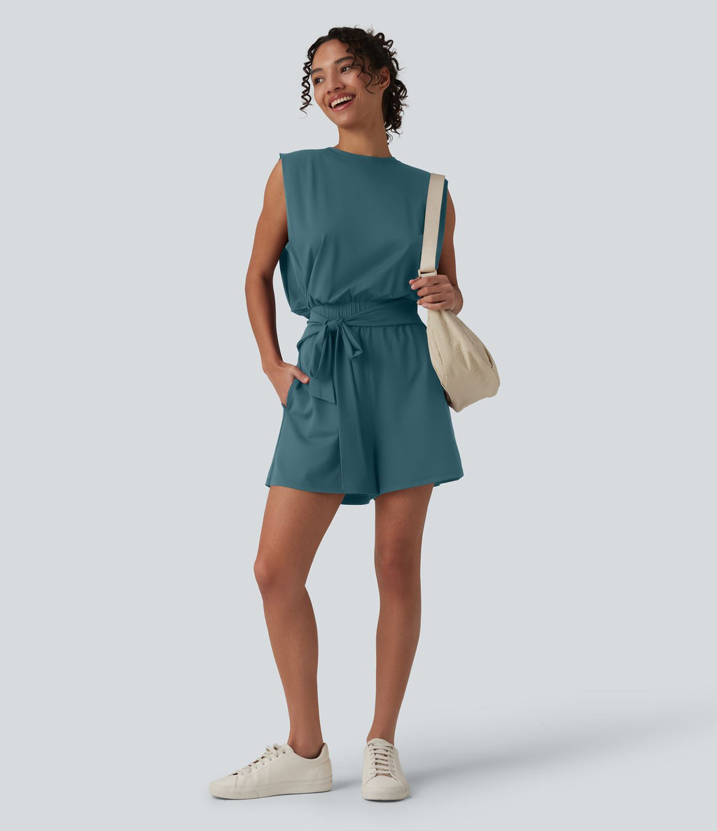 Combishort décontracté col rond sans manches effet frais InstantCool avec nœud frontal et poches, accès facile Easy Peasy, protection solaire UPF50+