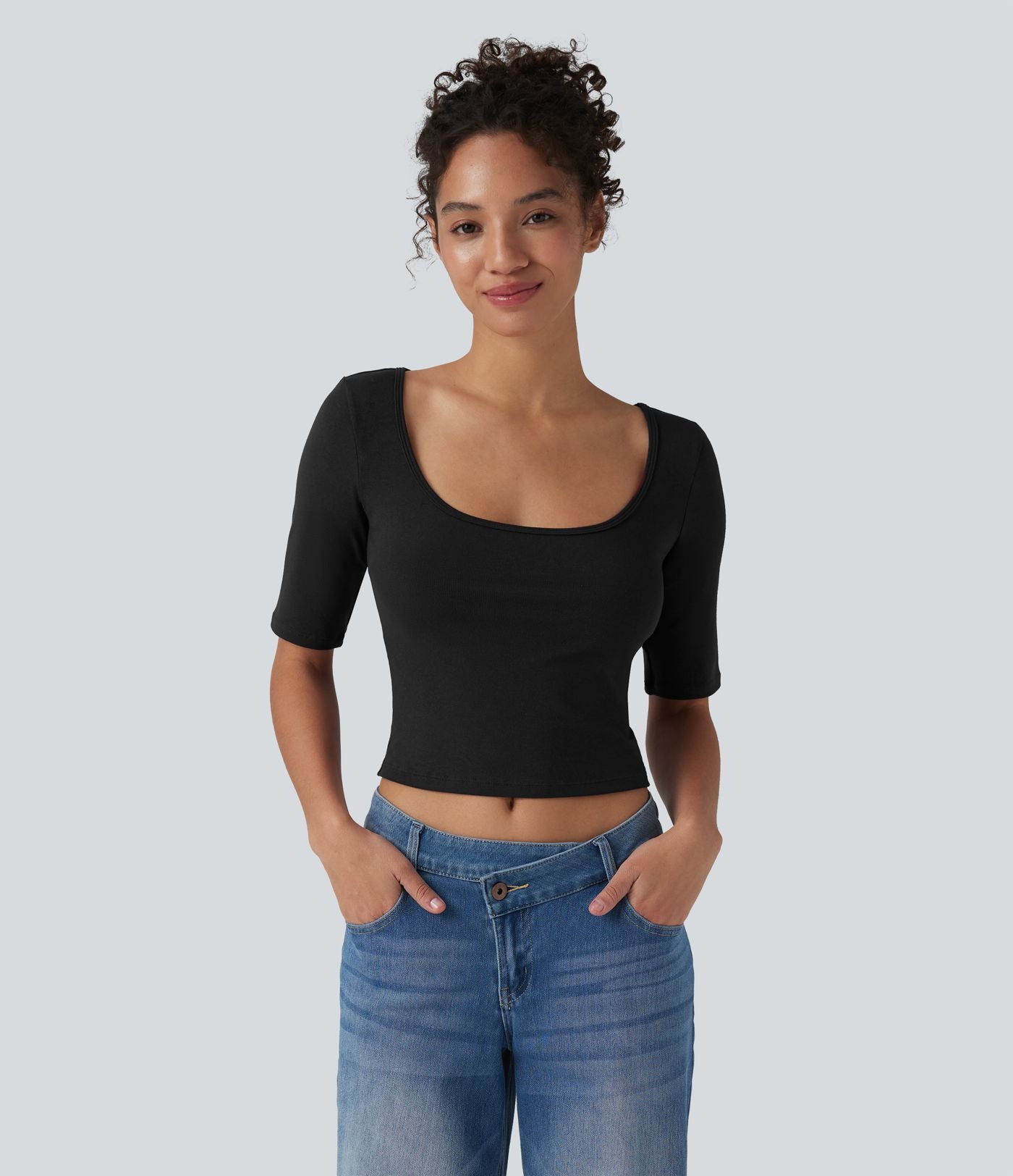 T-shirt décontracté côtelé col rond échancré manches courtes
