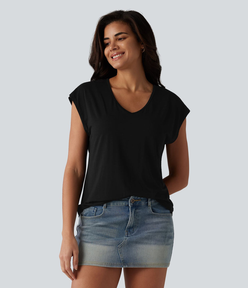 T-shirt décontracté à col V, manches courtes et soutien-gorge intégré bonnets B-DD