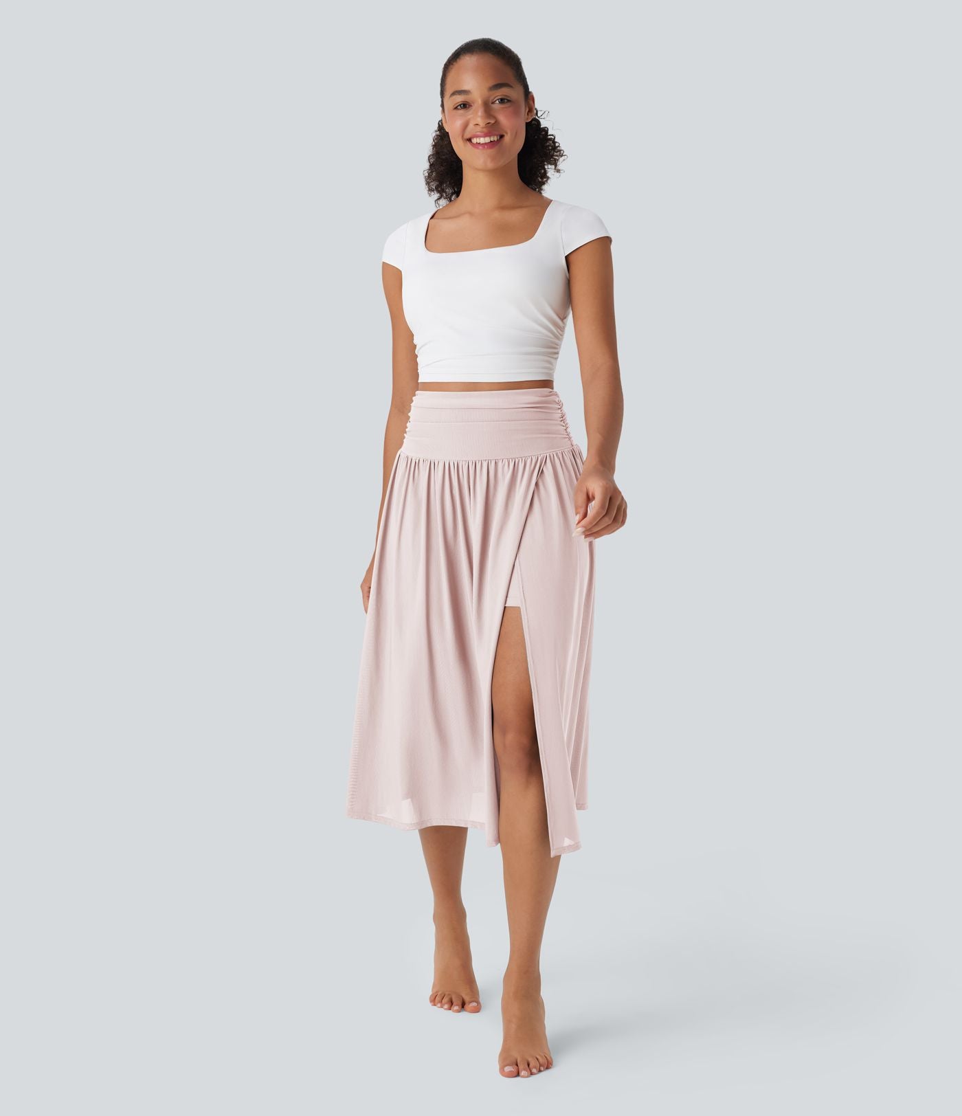 Jupe de danse mi-longue fluide 2-en-1 taille haute, fendue avec poche latérale
