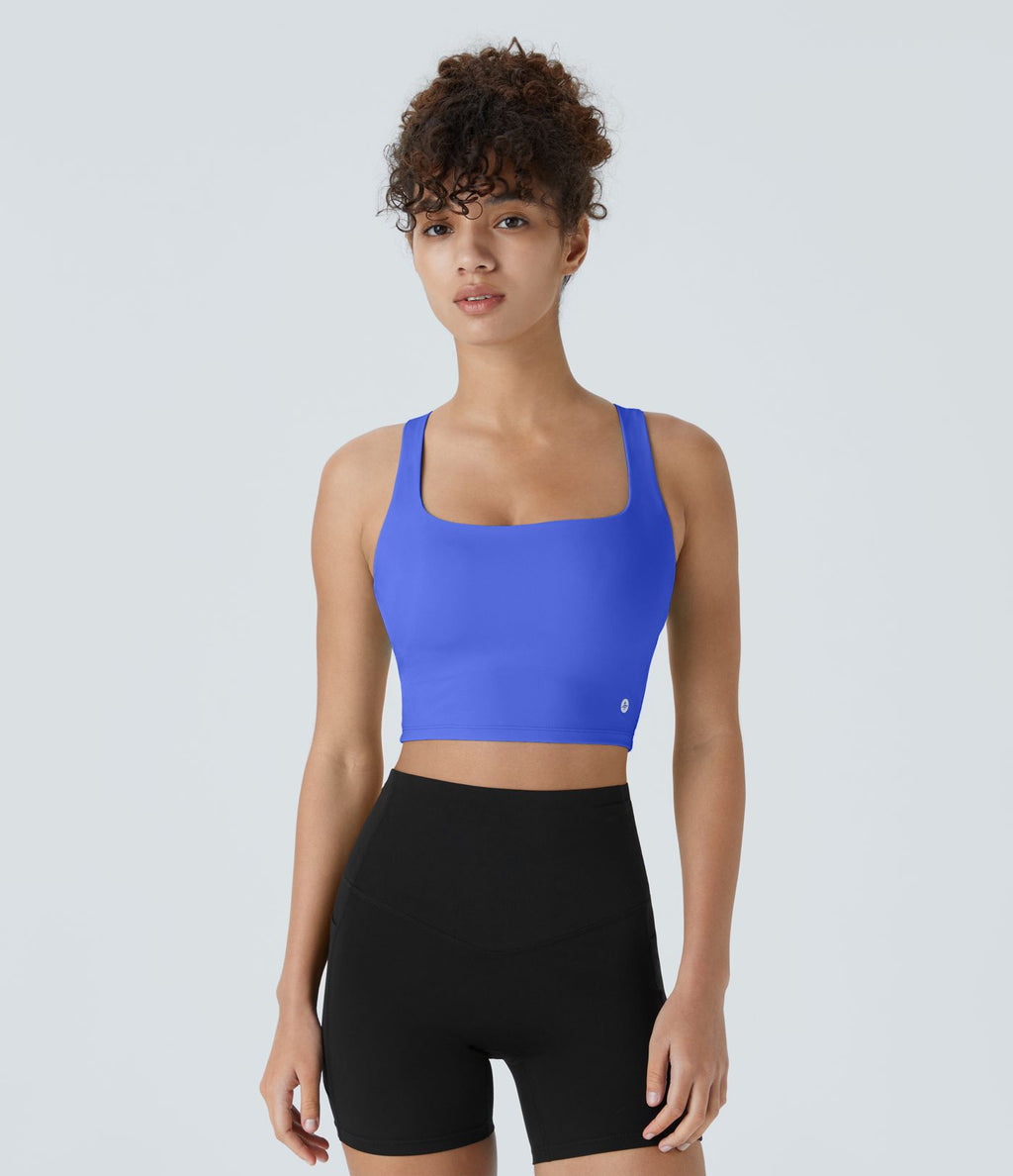 Débardeur yoga court SoftlyZero™ Airy col carré dos nu bretelles croisées effet frais InstantCool, bonnets A-C, protection solaire UPF50+