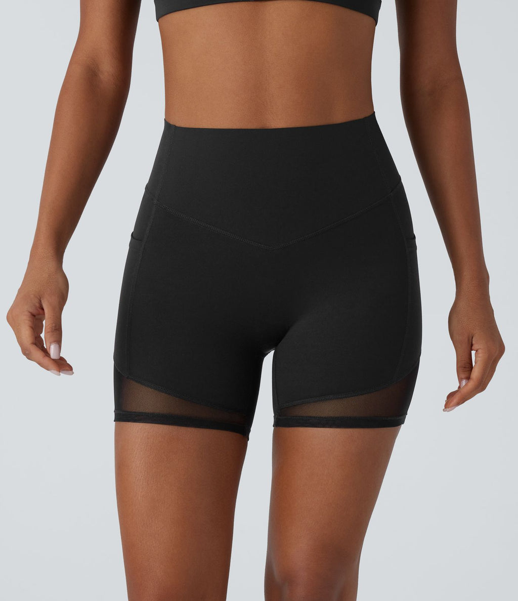 Short cycliste 12,5 cm d'entraînement gainant taille haute avec empiècements résille contrastés et poches Halara UltraSculpt™
