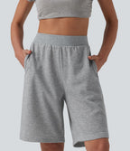 Bermuda casual ample taille mi-haute en molleton français à cordon de serrage intérieur avec poches