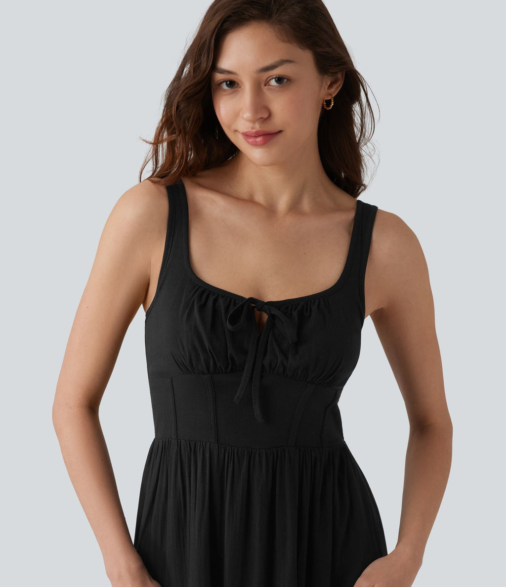Robe mi-longue casual aspect lin col U avec nœud devant corset