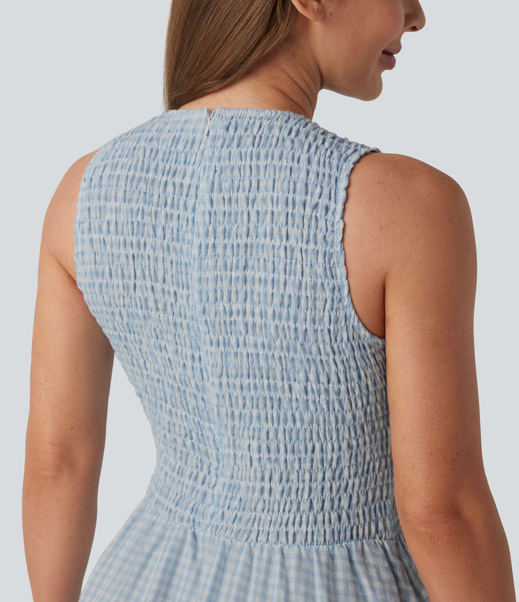 Robe midi fluide casual col rond sans manches à smocks et carreaux aspect lin avec poches