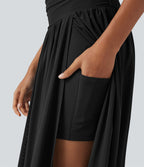 Jupe de danse mi-longue fluide 2-en-1 taille haute, fendue avec poche latérale