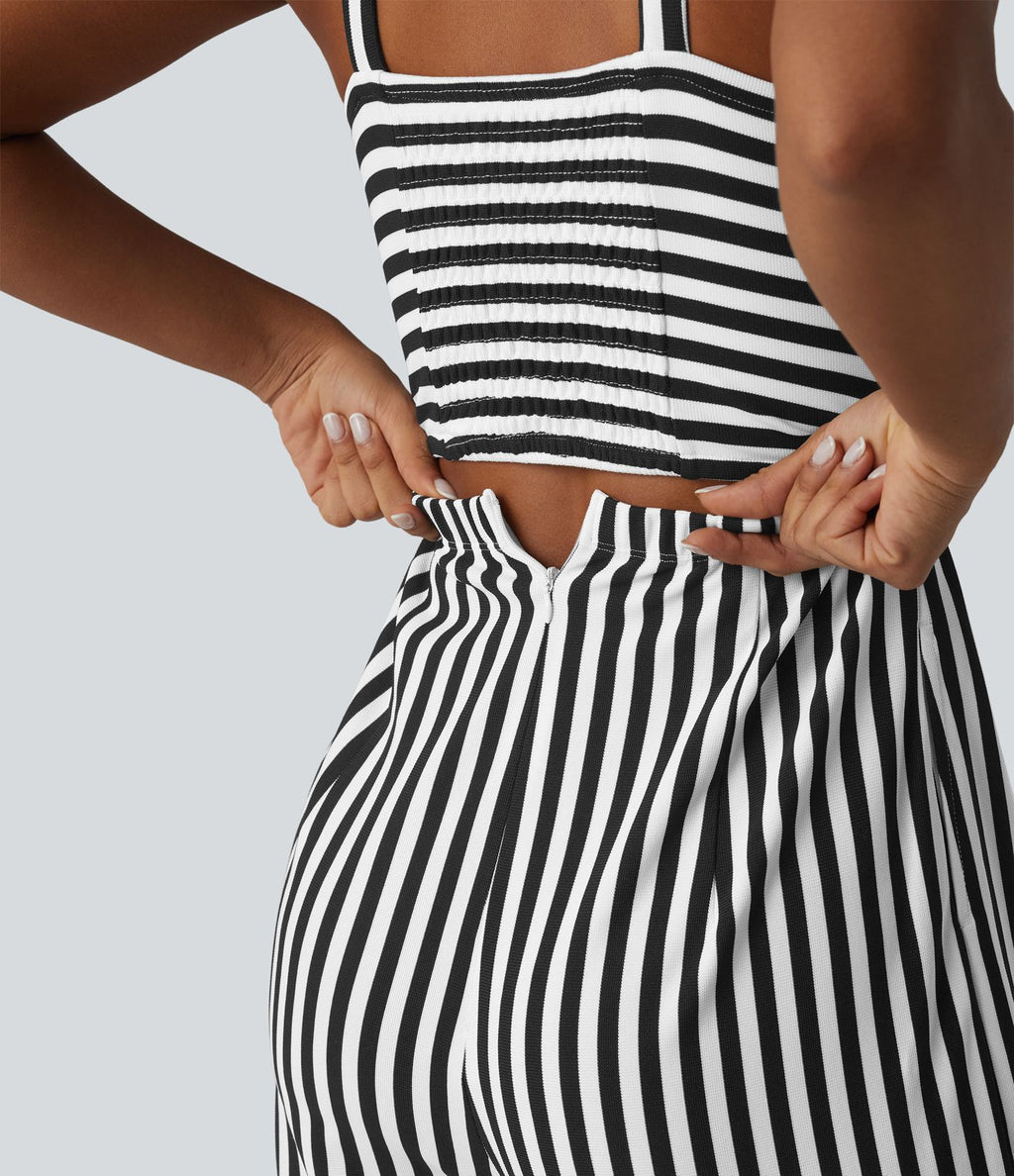 Combinaison casual sans manches à rayures en nid d'abeille torsadée froncée fermeture éclair invisible avec soutien-gorge intégré et poches - Easy Peasy