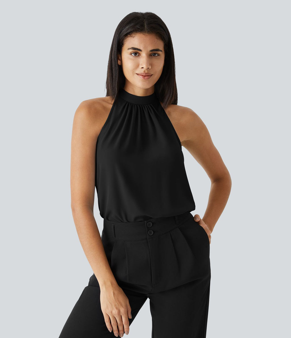 Blouse Travail Sans Manches Ourlet Courbé Col Haut Découpe au Dos Plis