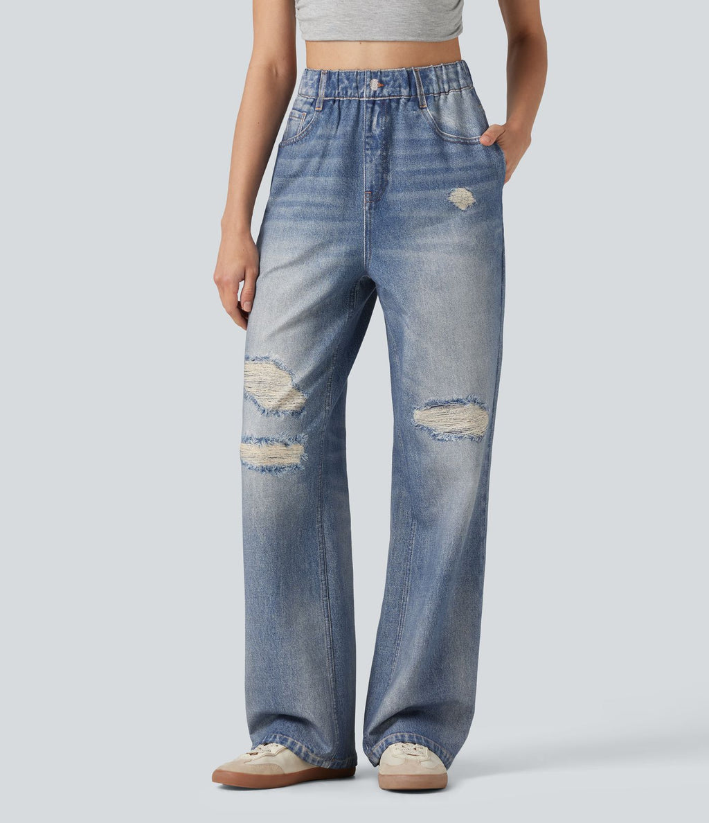Pantalon de jogging taille haute en molleton French Terry imprimé jean avec poches