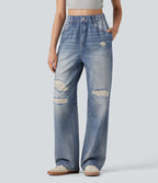 Pantalon de jogging taille haute en molleton French Terry imprimé jean avec poches