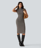 Robe midi moulante esprit bureau à motif, col montant et sans manches