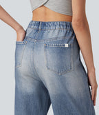 Pantalon de jogging taille haute en molleton French Terry imprimé jean avec poches