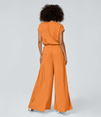 Combinaison Casual Col en V Jambes Large Plissée Manches Courtes Poche Latérale Gaufrée Fluide