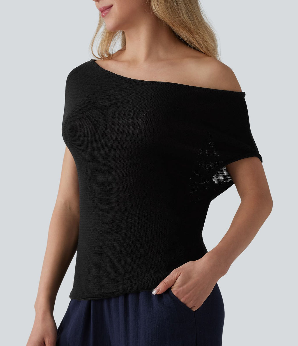 Pull décontracté épaules dénudées manches courtes