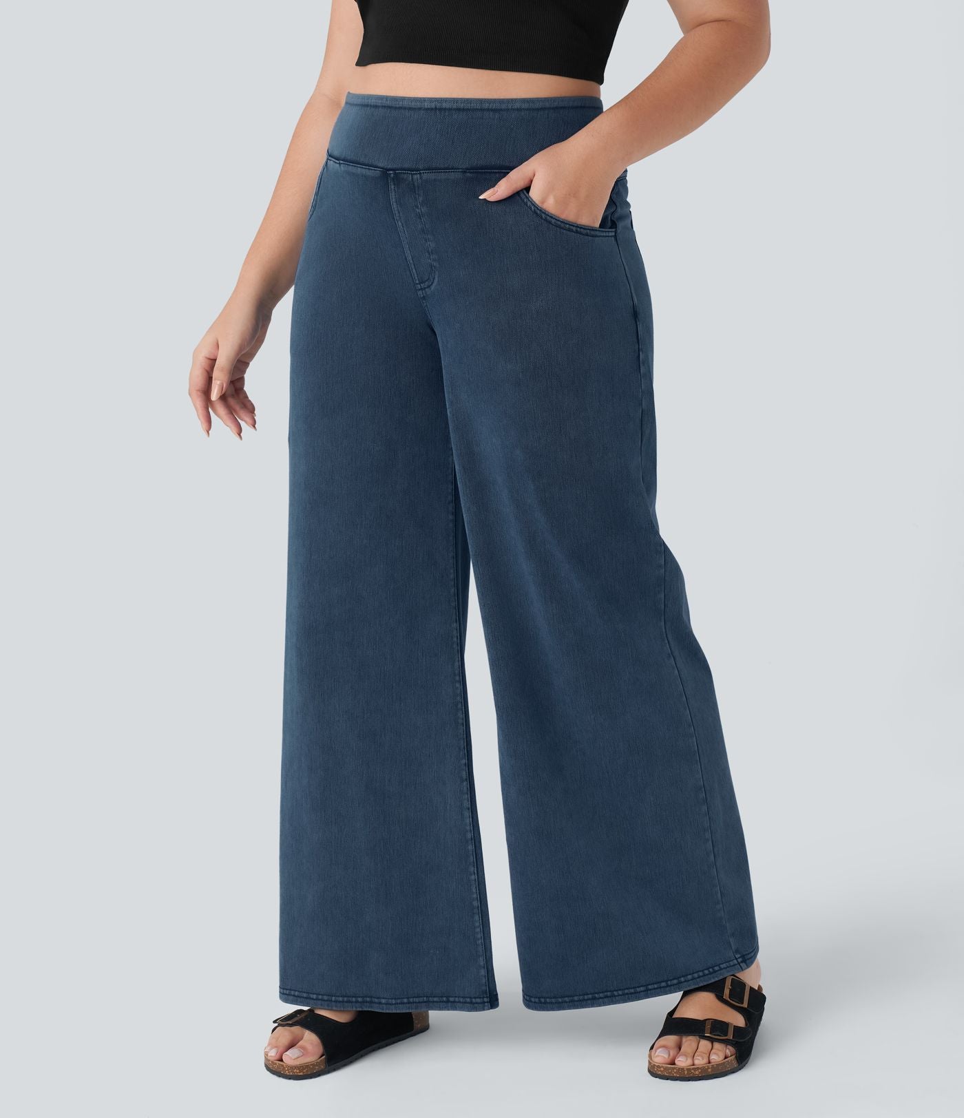 Halara Flex™ High Waisted Multiple Pockets Wide Leg Loose Stretchy Knit Casual Plus Size Jeans