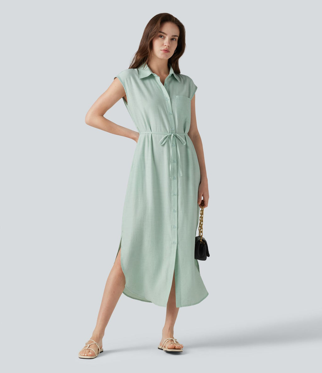 Robe chemise midi décontractée en mélange de lin, col classique, manches cape, ceinturée, ourlet arrondi fendu avec poches