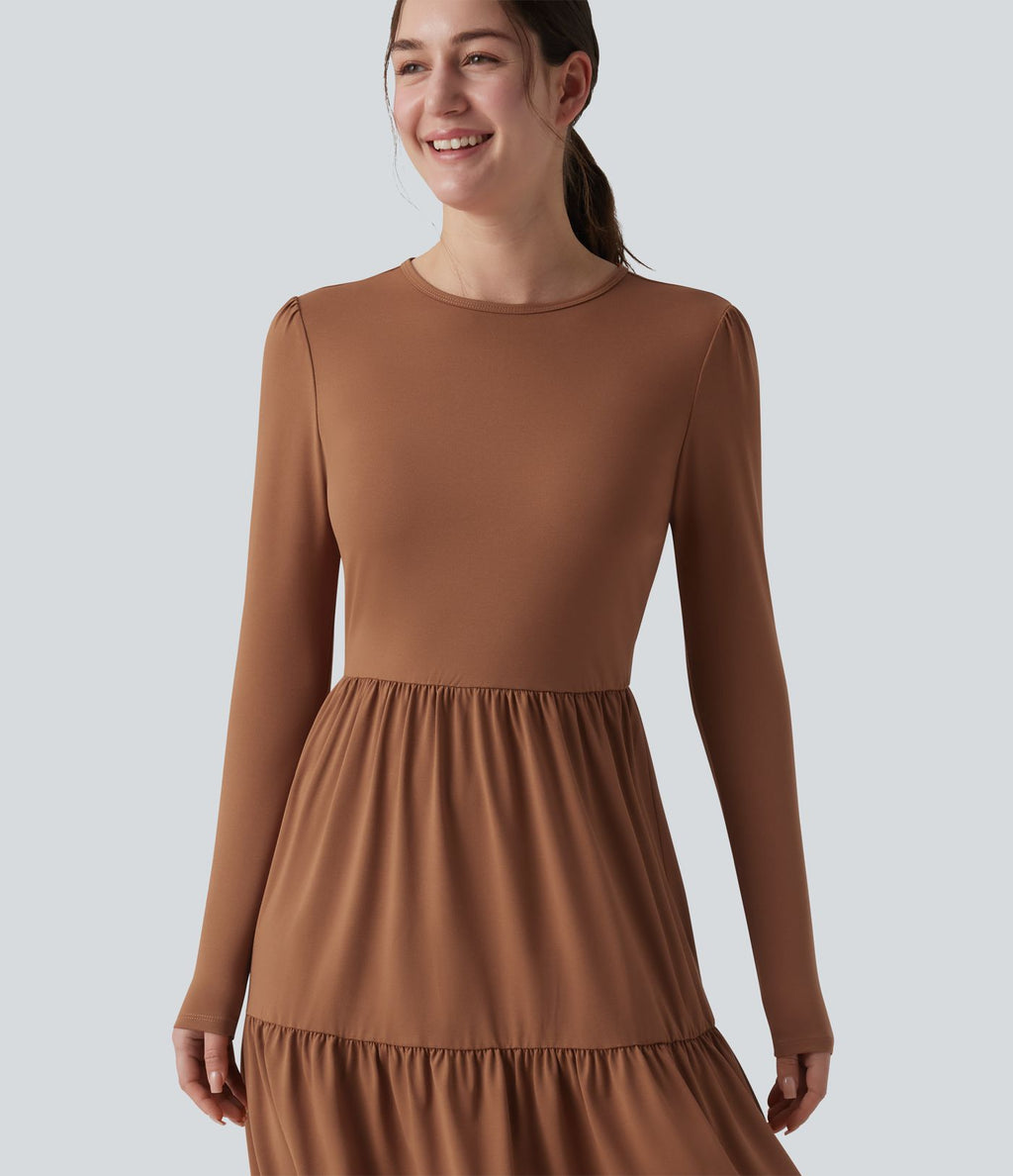 Robe tailleur mi-longue col rond manches longues ourlet à volants étagés