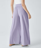 Pantalon décontracté palazzo en maille gaufrée, fluide, large, plissé, taille haute, avec poches