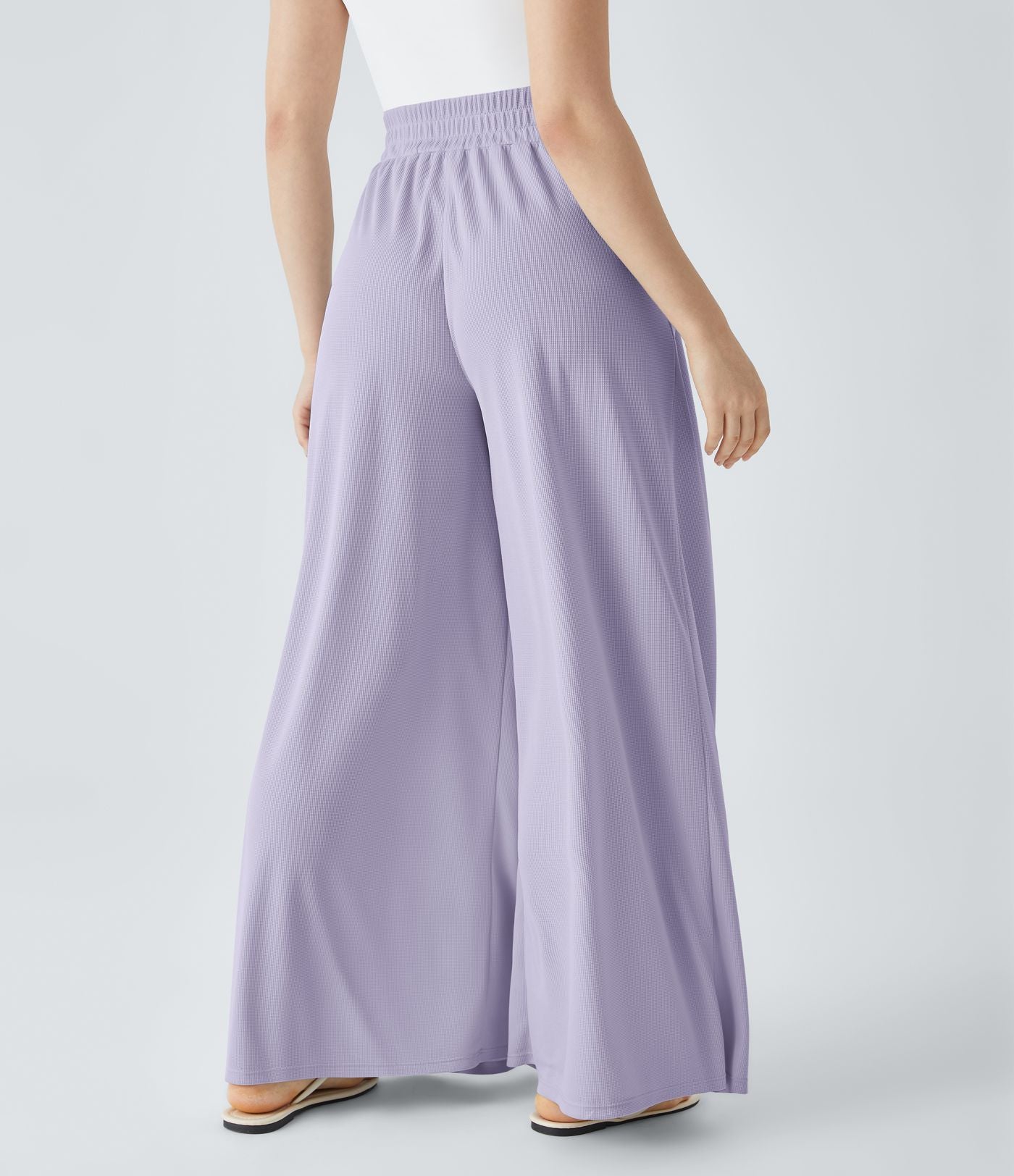 Pantalon décontracté palazzo en maille gaufrée, fluide, large, plissé, taille haute, avec poches